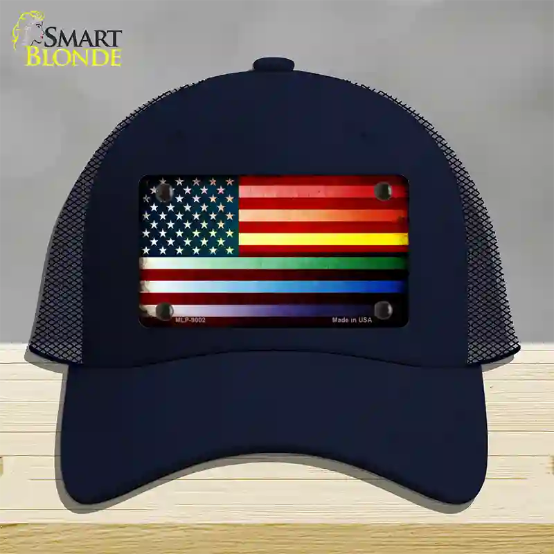 American Flag Rainbow Novelty License Plate Hat Mesh / Navy