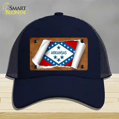 Arkansas Flag Scroll Novelty License Plate Hat Mesh / Navy