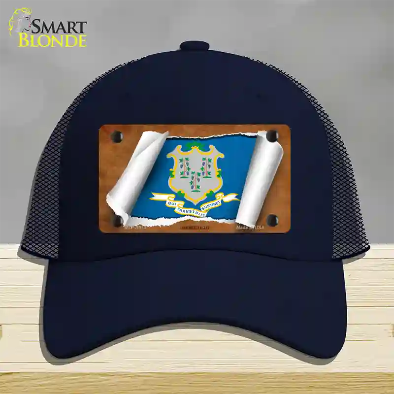 Connecticut Flag Scroll Novelty License Plate Hat Mesh / Navy