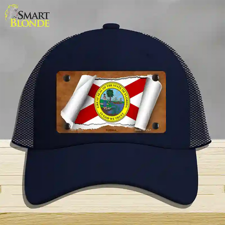 Florida Flag Scroll Novelty License Plate Hat Mesh / Navy