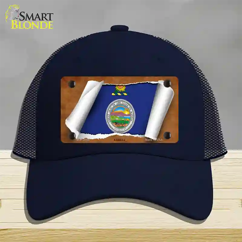 Kansas Flag Scroll Novelty License Plate Hat Mesh / Navy