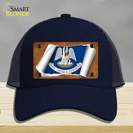 Louisiana Flag Scroll Novelty License Plate Hat Mesh / Navy