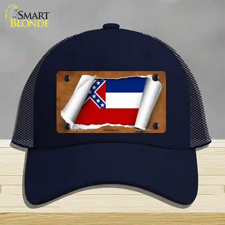 Mississippi Flag Scroll Novelty License Plate Hat Mesh / Navy