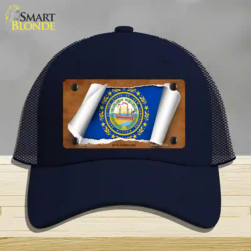 New Hampshire Flag Scroll Novelty License Plate Hat Mesh / Navy