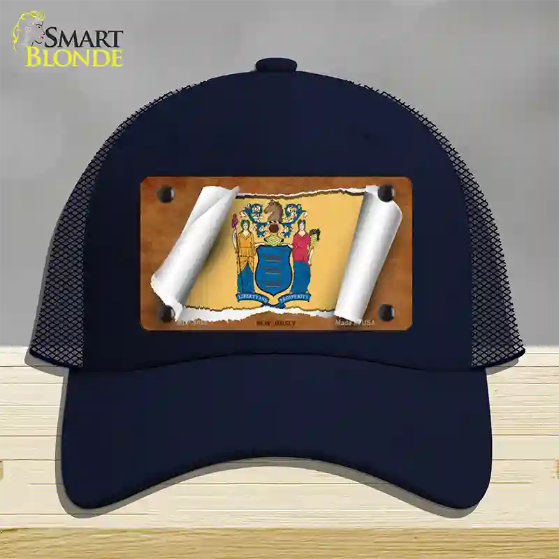 New Jersey Flag Scroll Novelty License Plate Hat Mesh / Navy