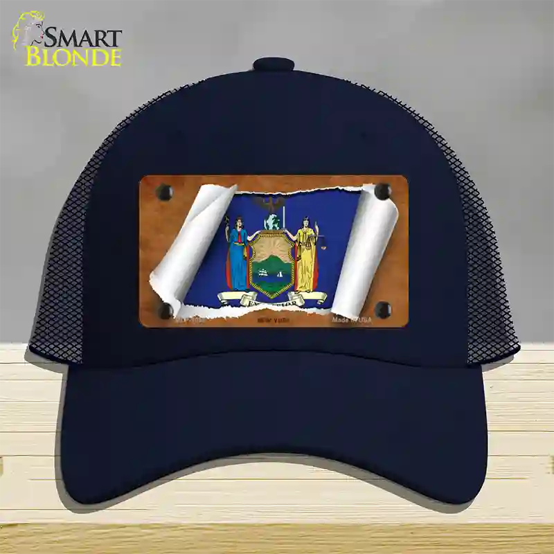 New York Flag Scroll Novelty License Plate Hat Mesh / Navy