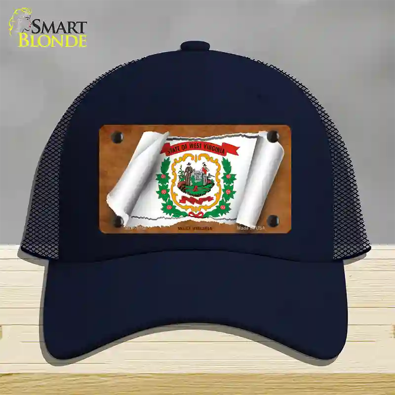 West Virginia Flag Scroll Novelty License Plate Hat Mesh / Navy