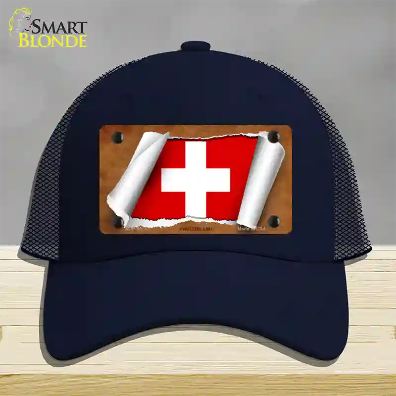 Switzerland Flag Scroll Novelty License Plate Hat Mesh / Navy