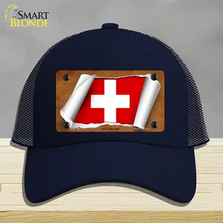 Switzerland Flag Scroll Novelty License Plate Hat Mesh / Navy