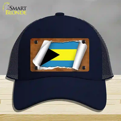 Bahamas Flag Scroll Novelty License Plate Hat Mesh / Navy