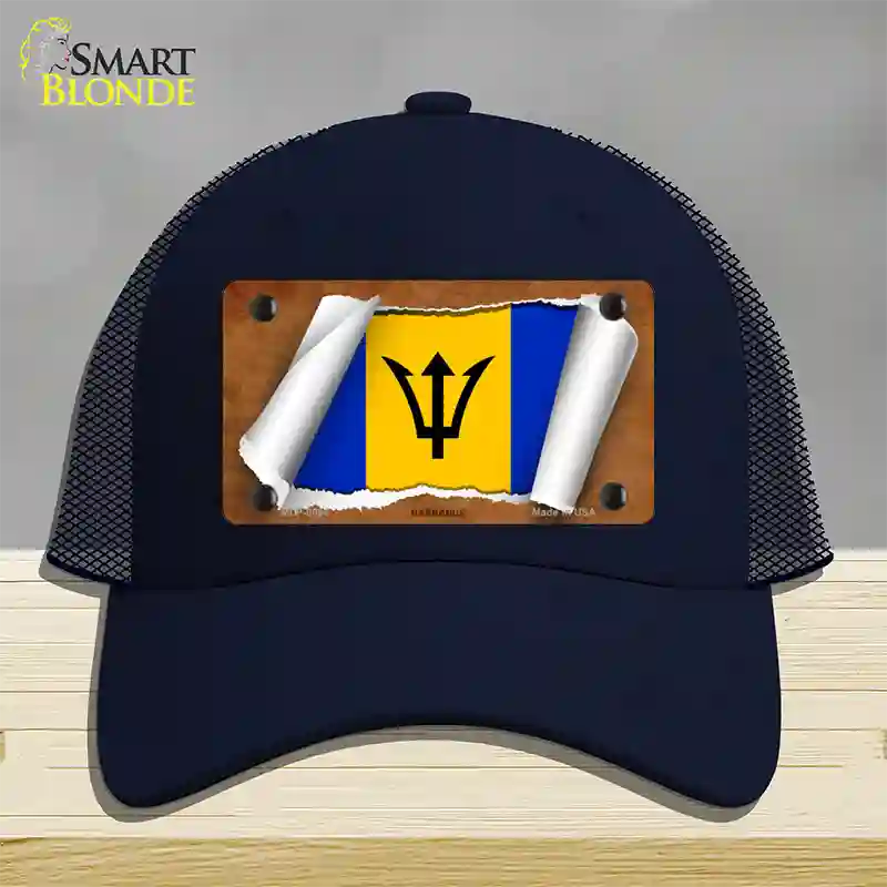 Barbados Flag Scroll Novelty License Plate Hat Mesh / Navy