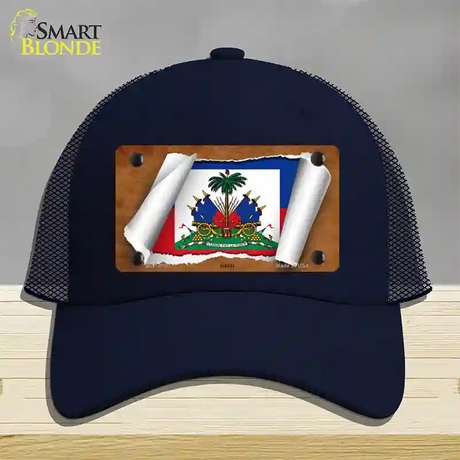 Haiti Flag Scroll Novelty License Plate Hat Mesh / Navy