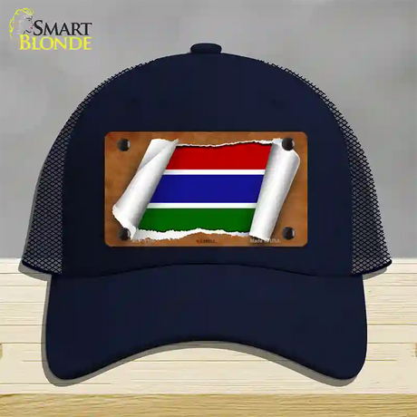 Gambia Flag Scroll Novelty License Plate Hat Mesh / Navy