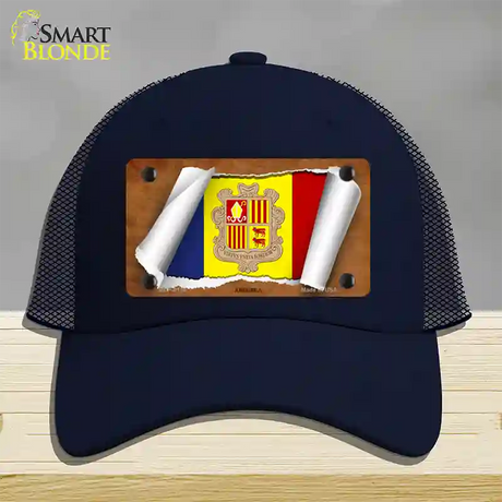 Andorra Flag Scroll Novelty License Plate Hat Mesh / Navy