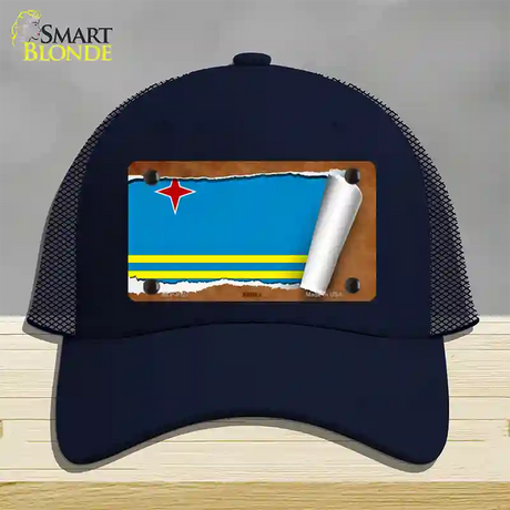 Aruba Flag Scroll Novelty License Plate Hat Mesh / Navy