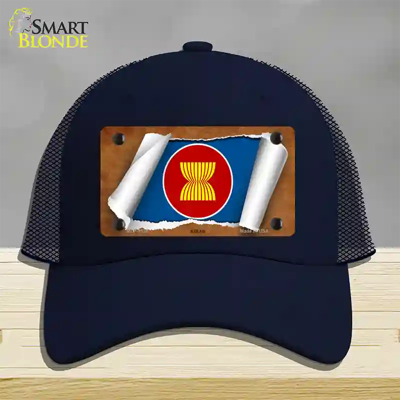 Asean Flag Scroll Novelty License Plate Hat Mesh / Navy