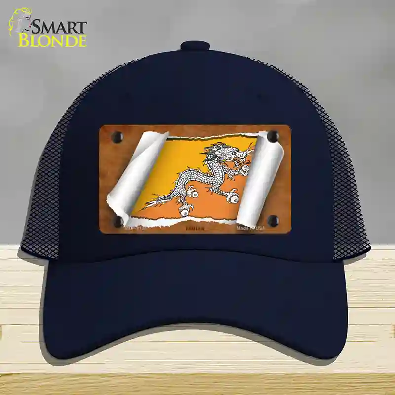 Bhutan Flag Scroll Novelty License Plate Hat Mesh / Navy