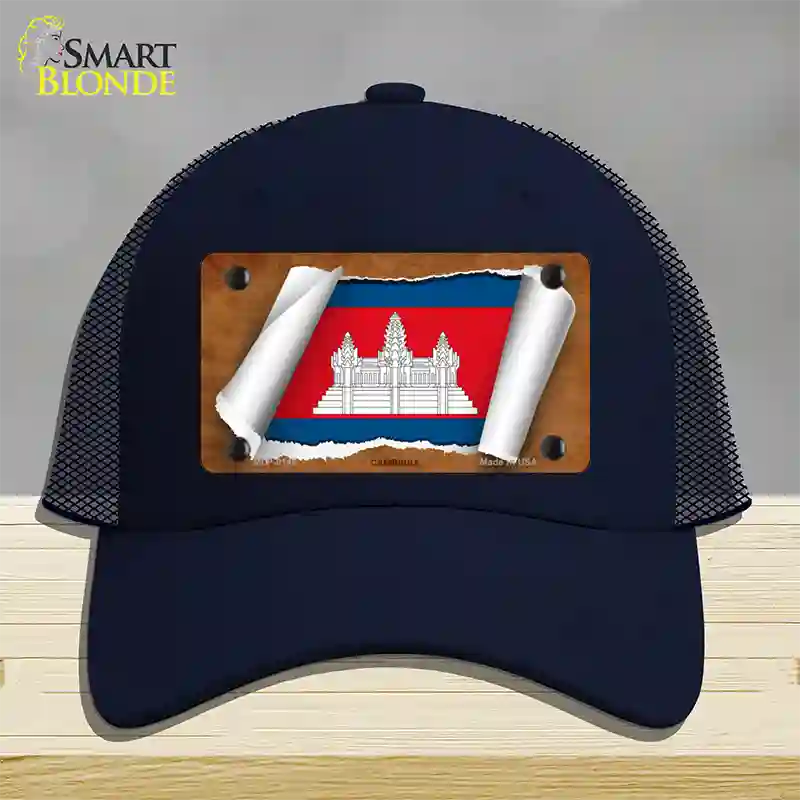 Cambodia Flag Scroll Novelty License Plate Hat Mesh / Navy