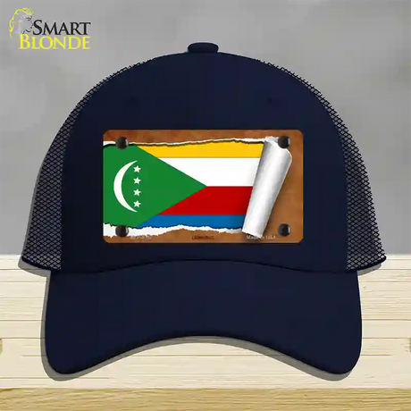 Comoros Flag Scroll Novelty License Plate Hat Mesh / Navy