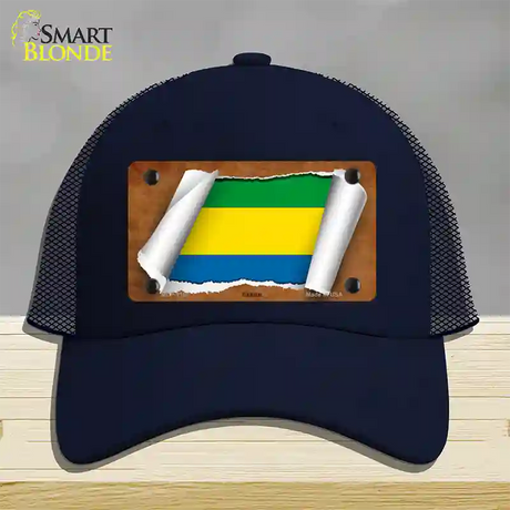 Gabon Flag Scroll Novelty License Plate Hat Mesh / Navy