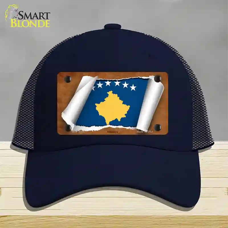 Kosovo Flag Scroll Novelty License Plate Hat Mesh / Navy