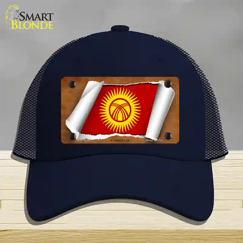 Kyrgyzstan Flag Scroll Novelty License Plate Hat Mesh / Navy