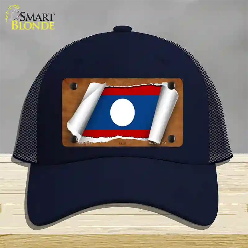 Laos Flag Scroll Novelty License Plate Hat Mesh / Navy