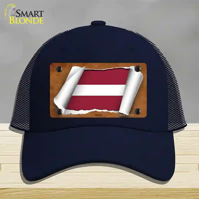 Latvia Flag Scroll Novelty License Plate Hat Mesh / Navy