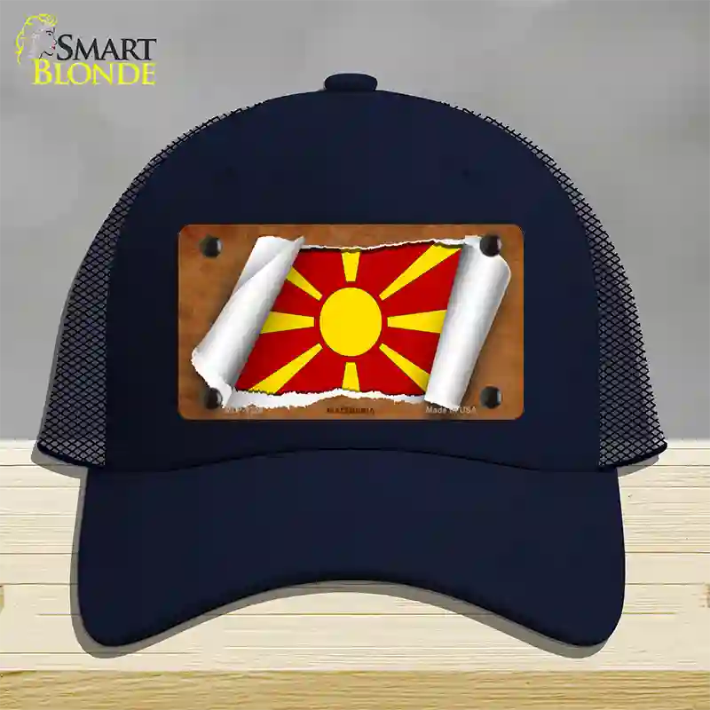 Macedonia Flag Scroll Novelty License Plate Hat Mesh / Navy