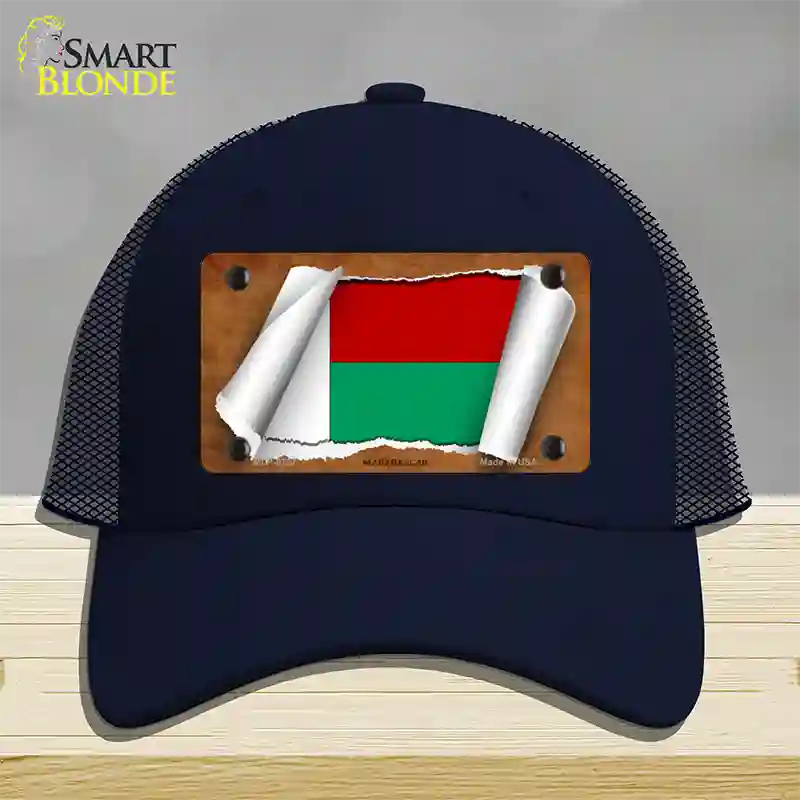 Madagascar Flag Scroll Novelty License Plate Hat Mesh / Navy