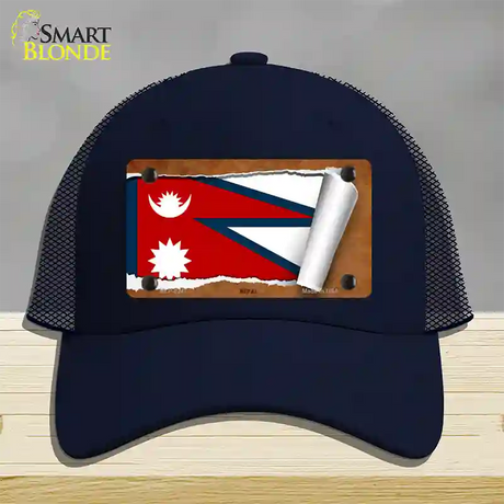 Nepal Flag Scroll Novelty License Plate Hat Mesh / Navy