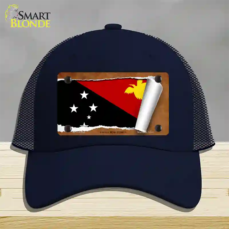 Papua New Guinea Flag Scroll Novelty License Plate Hat Mesh / Navy