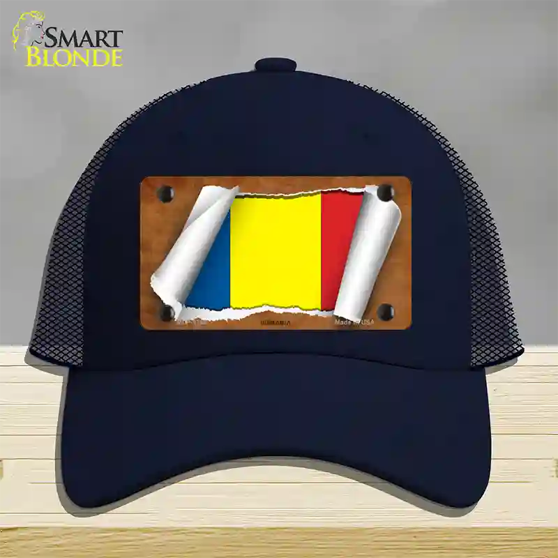 Romania Flag Scroll Novelty License Plate Hat Mesh / Navy