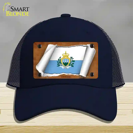 San Marino Flag Scroll Novelty License Plate Hat Mesh / Navy