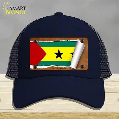 Sao Tome & Principe Flag Scroll Novelty License Plate Hat Mesh / Navy