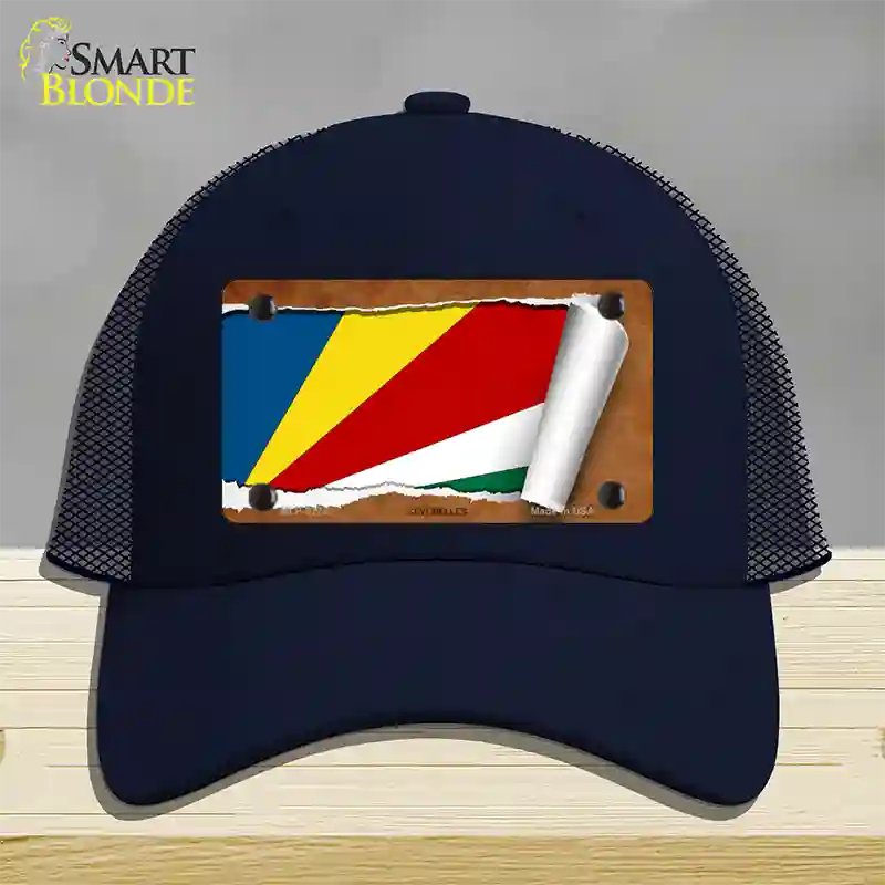 Seychelles Flag Scroll Novelty License Plate Hat Mesh / Navy