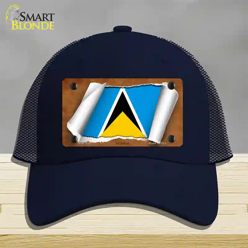 St Lucia Flag Scroll Novelty License Plate Hat Mesh / Navy