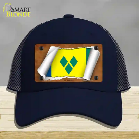 St Vincent Flag Scroll Novelty License Plate Hat Mesh / Navy