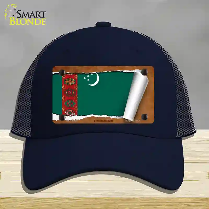 Turkmenistan Flag Scroll Novelty License Plate Hat Mesh / Navy