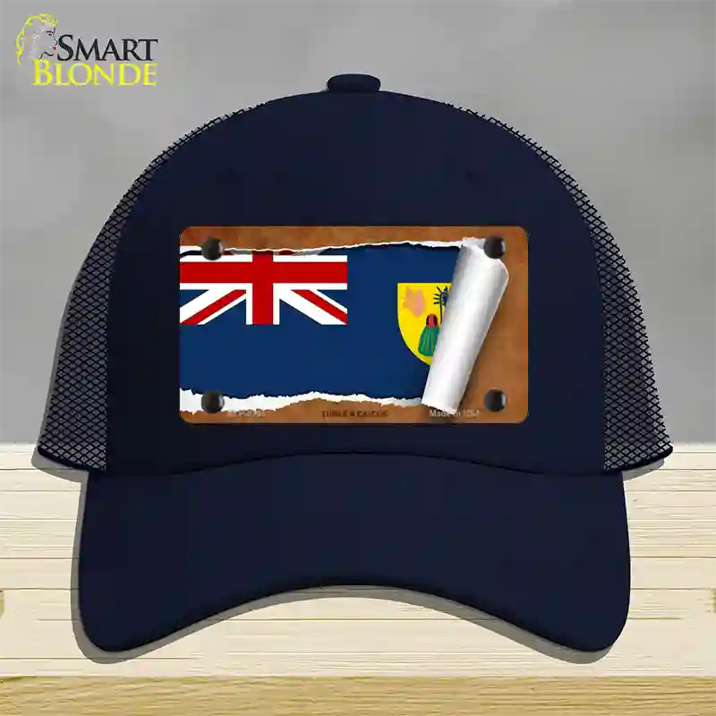 Turks & Caicos Flag Scroll Novelty License Plate Hat Mesh / Navy