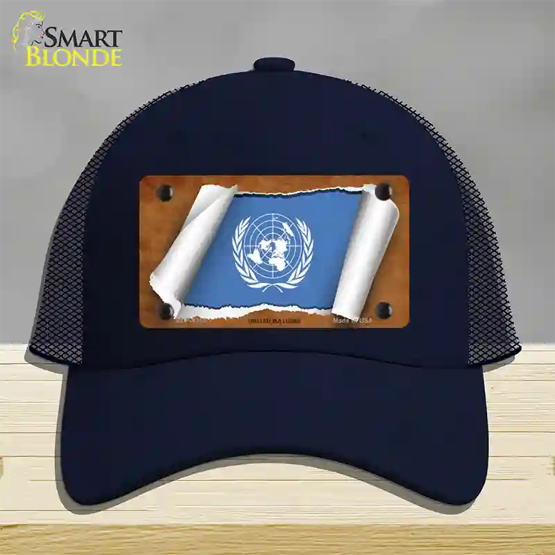 United Nations Flag Scroll Novelty License Plate Hat Mesh / Navy