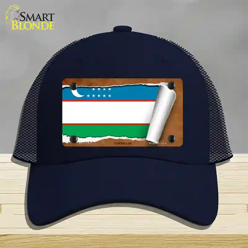 Uzbekistan Flag Scroll Novelty License Plate Hat Mesh / Navy