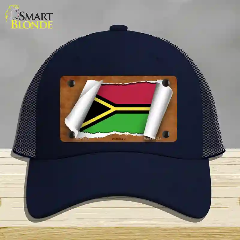 Vanuatu Flag Scroll Novelty License Plate Hat Mesh / Navy