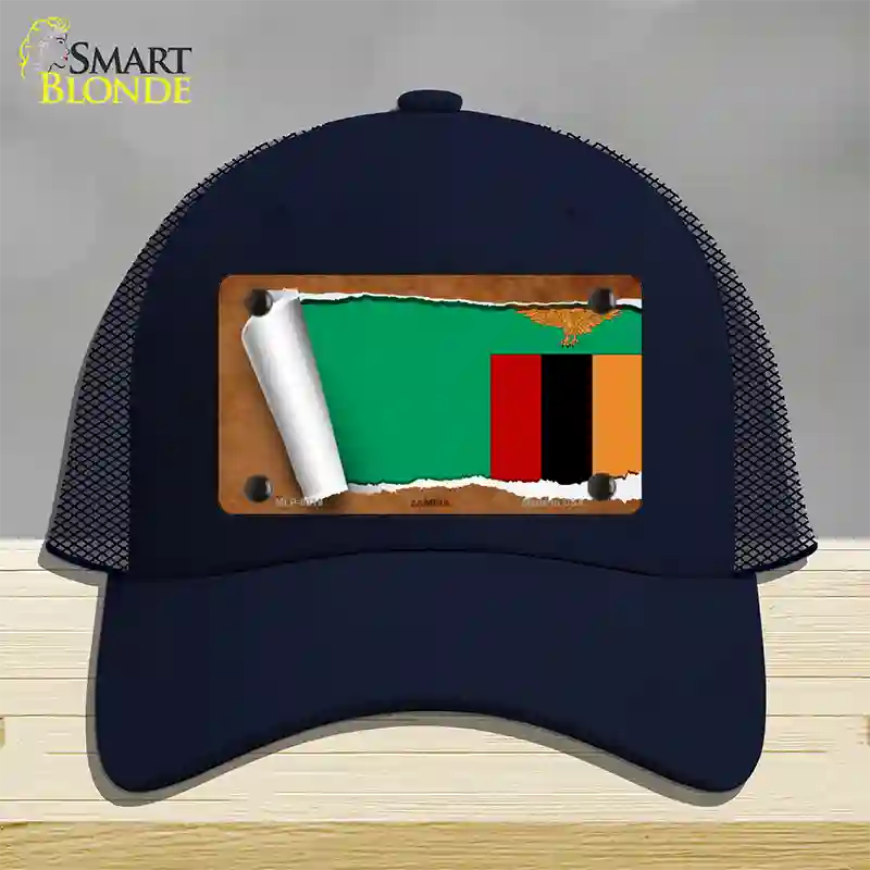 Zambia Flag Scroll Novelty License Plate Hat Mesh / Navy