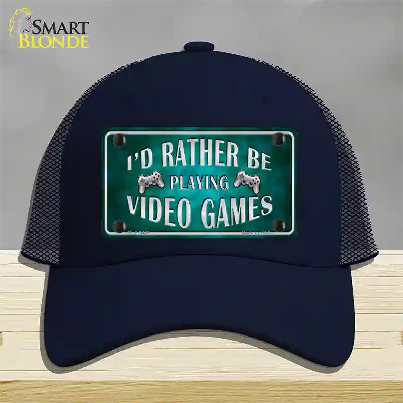 Rather Play Video Games Novelty License Plate Hat Mesh / Navy