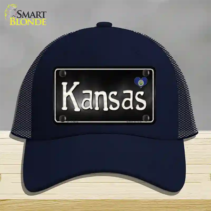 Kansas Flag Script Novelty License Plate Hat Mesh / Navy