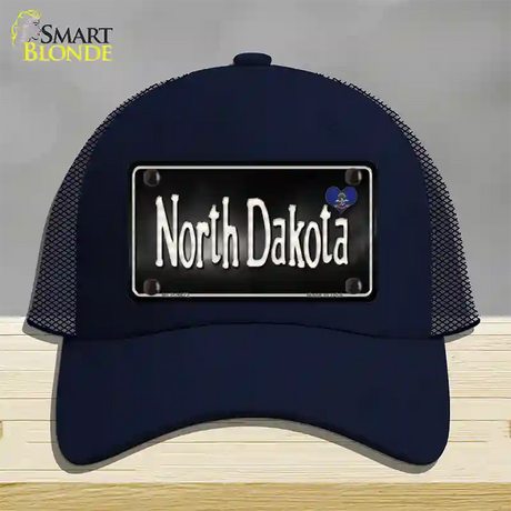 North Dakota Flag Script Novelty License Plate Hat Mesh / Navy