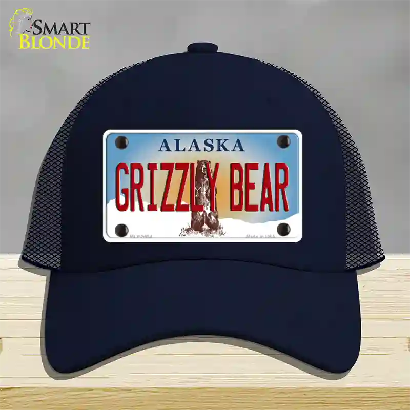 Grizzly Bear Alaska State Novelty License Plate Hat Mesh / Navy