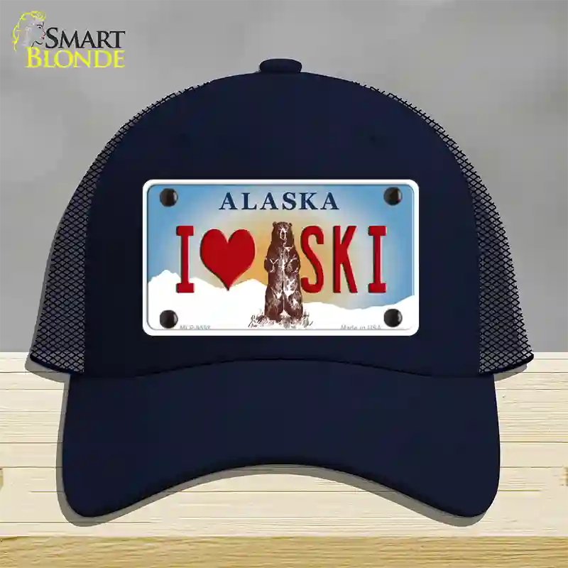 I Love Ski Alaska State Novelty License Plate Hat Mesh / Navy