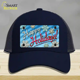 Happy Holidays Blue Novelty License Plate Hat Mesh / Navy